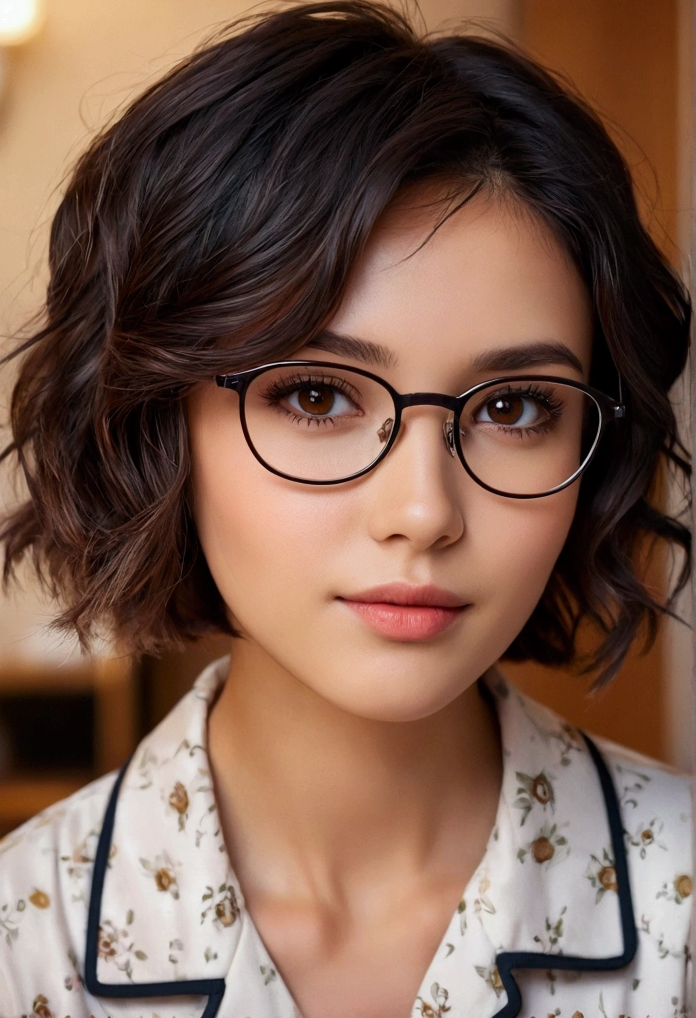 cute girl, cute and gorgeous face, short, short hair, black hair with brown highlights, wavy hair, brown eyes, a very pretty face with fine features, eyes with dark circles, small breasts, thin and wears glasses, wears a pajama