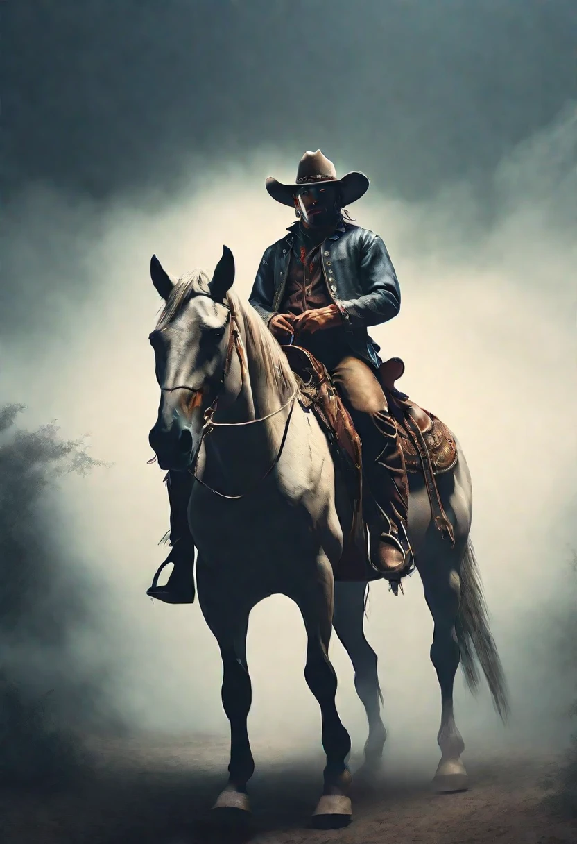 a cowboy on his horse in the wild west, wearing a hat, dramatic lighting, film composition, Digital paint, movie lighting, muted color palette, moody atmosphere, HD 8K,