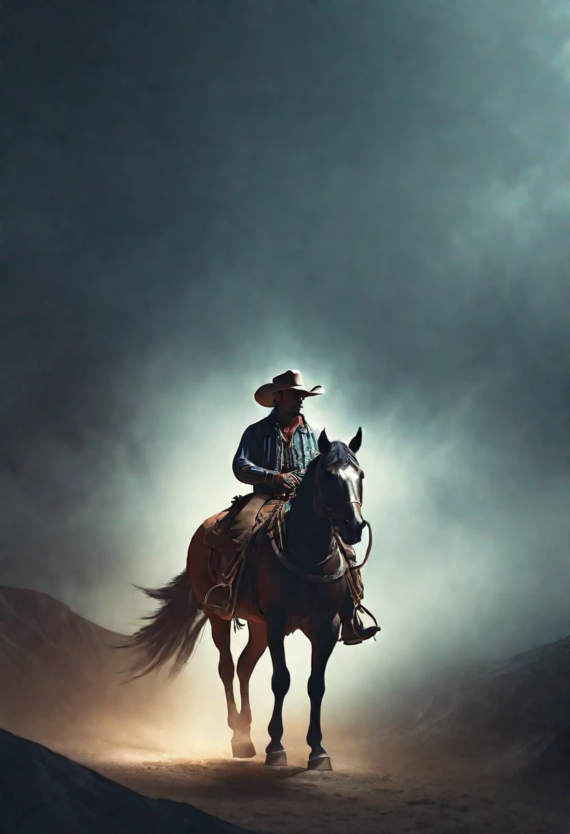 a cowboy on his horse in the wild west, wearing a hat, dramatic lighting, film composition, Digital paint, movie lighting, muted color palette, moody atmosphere, HD 8K,