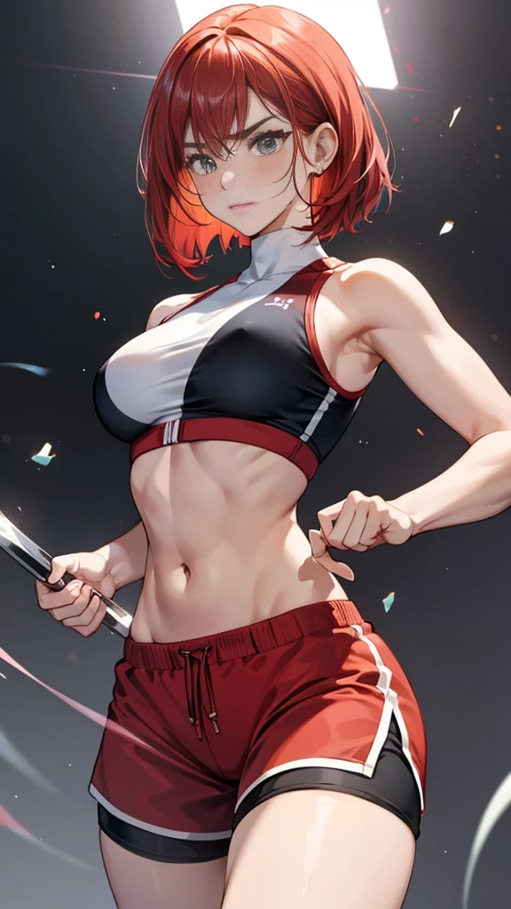 ,{{Dynamic composition}},{{masterpiece}}, {{{Highest quality}}},{{Very detailed}},Fitness Woman ,{{blushing with anger}},{{v-shaped eyebrows}},{{figure}},{{tall}},{{Adult female}},{{Dolphin Shorts}},No sleeve Red Hair Bob