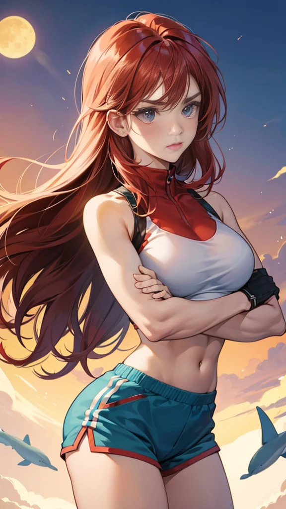 ,{{Dynamic composition}},{{masterpiece}}, {{{Highest quality}}},{{Very detailed}},Fitness Woman ,{{blushing with anger}},{{v-shaped eyebrows}},{{figure}},{{tall}},{{Adult female}},{{Dolphin Shorts}},No sleeve Red Hair Bob