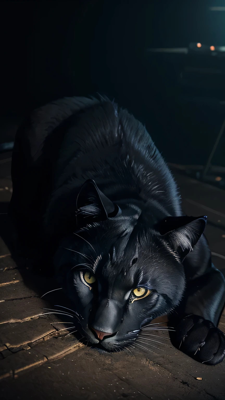 a female feral black panther, lying on her back on an operating table, hind legs spread apart, feline pussy, anus, full body, medical devices installed around, ultra-detailed, photorealistic, dramatic lighting, cinematic composition, chiaroscuro, dark moody atmosphere, rich saturated colors, dramatic shadows, highly realistic texture and details