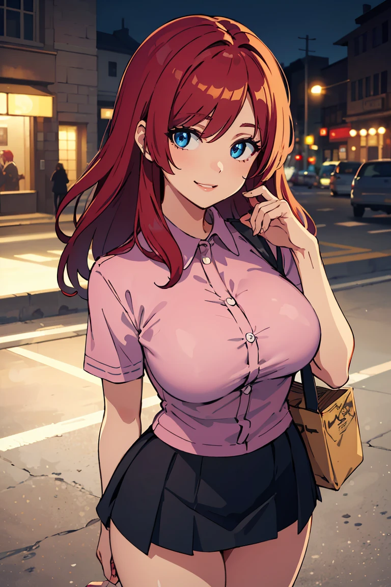 masterpiece, best quality, highly detailed background, perfect lighting, best quality, (extremely detailed face), volumetric lighting, intricate details, shadow, tonemapping, sharp focus, hyper detailed, trending on Artstation, (solo) ((Looking at the viewer)) (long red hair) (Hair over face) (only one eye visible) (curvy) (Big bewaar), ((Blue eyes)), ((human)), (Nervous), (Dressed in a mini skirt), (Stop on the street), (Prostitute) (Big breasts), (Pink shirt), (Handing out brochures), (smile)