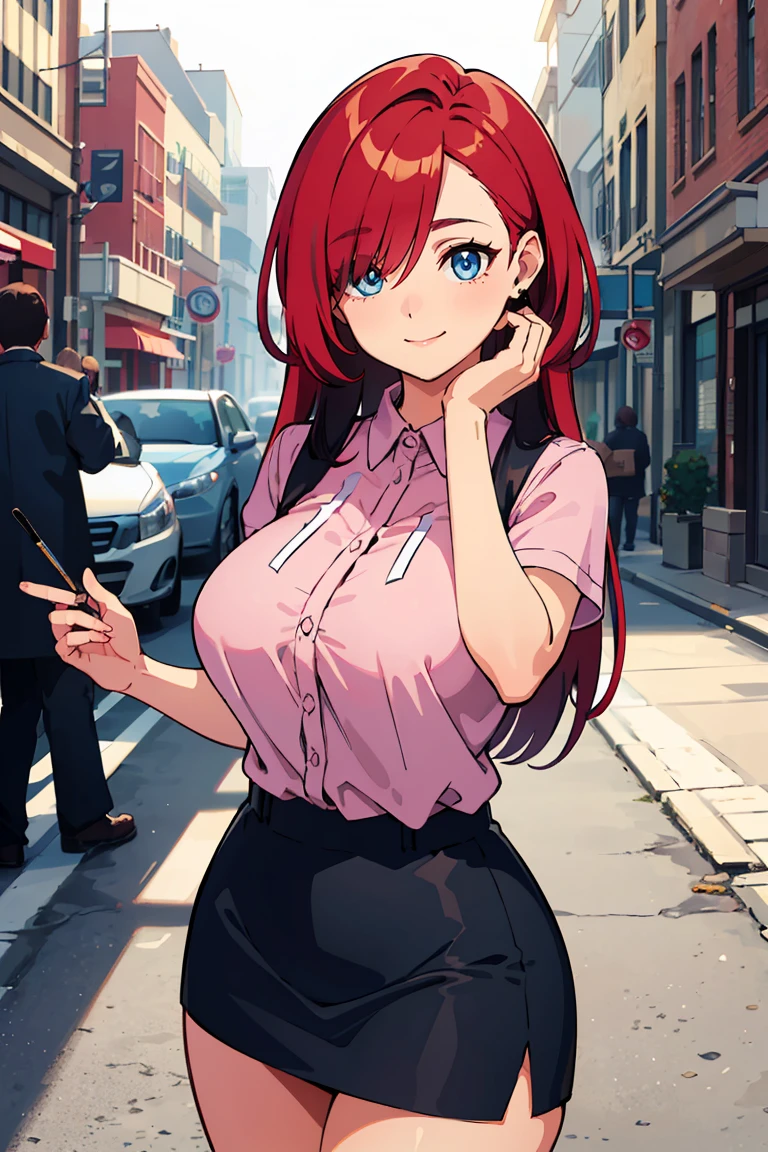 masterpiece, best quality, highly detailed background, perfect lighting, best quality, (extremely detailed face), volumetric lighting, intricate details, shadow, tonemapping, sharp focus, hyper detailed, trending on Artstation, (solo) ((Looking at the viewer)) (long red hair) (Hair over face) (only one eye visible) (curvy) (Big bewaar), ((Blue eyes)), ((human)), (Nervous), (Dressed in a mini skirt), (Stop on the street), () (Big breasthirt), (Handing out brochures), (smile)