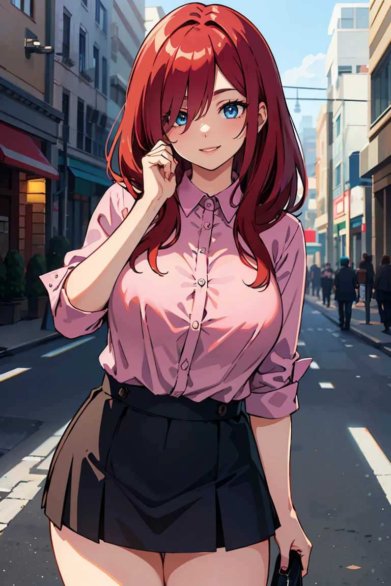 masterpiece, best quality, highly detailed background, perfect lighting, best quality, (extremely detailed face), volumetric lighting, intricate details, shadow, tonemapping, sharp focus, hyper detailed, trending on Artstation, (solo) ((Looking at the viewer)) (long red hair) (Hair over face) (only one eye visible) (curvy) (Big bewaar), ((Blue eyes)), ((human)), (Nervous), (Dressed in a mini skirt), (Stop on the street), (Prostitute) (Big breasts), (Pink shirt), (Handing out brochures), (smile)