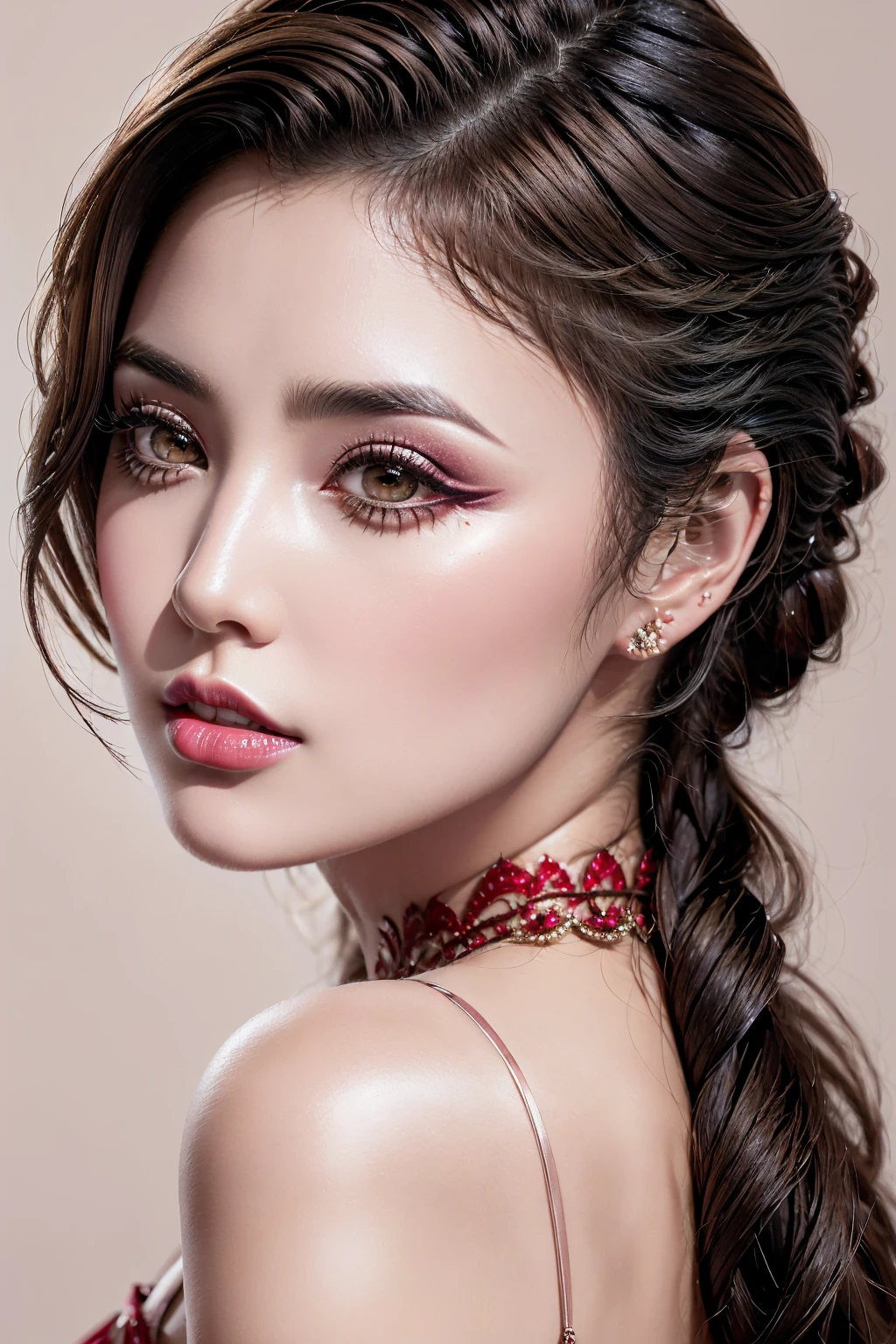 photorealistic Realism 8K Quality, ((1Beauty woman 24 yo)), Beautiful face, best high quality real texture skin, (A woman with velvety skin:1.3), (best high quality real texture hair), (brown hair((wavy combed up, behind the ear:1.22)), super details:1.25), ((high-res, top high quality)), ([long(lashes)|perfect(eyeshadows)]:[|blue:1.2|pink]), ((clear no blur and sharp perfect round, realistic brown_eyes:1.25), finely quality eyes:1.2), (tired and sleepy and satisfied:o.o), (finely detailed pupils:1.1), BREAK, detailed lips, pink_makeup, (red_lipstick:1.25), perfect dark_eyeshadows:1.15, (super detailed professional makeup on eyes:1.25), ((beautiful sharp-face), extremely detail:1.3), (high detail Super beautiful slim and cute-face), a significant look at the viewer, ((Upper body shot)), ((highly elaborate extravagant microscopic street outfit:1.25)), perfect composition, ((dry skin)), Hasselblad, 85mm f/4.0
