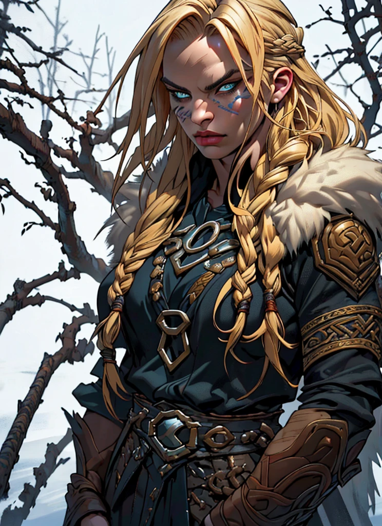 1girl, detailed portrait of a mature Norse woman, blonde long hair in braids, wearing fur clothing, dramatic eye makeup, upper body, fantasy, (best quality,4k,8k,highres,masterpiece:1.2),ultra-detailed,(realistic,photorealistic,photo-realistic:1.37),HDR,vivid colors,dramatic lighting