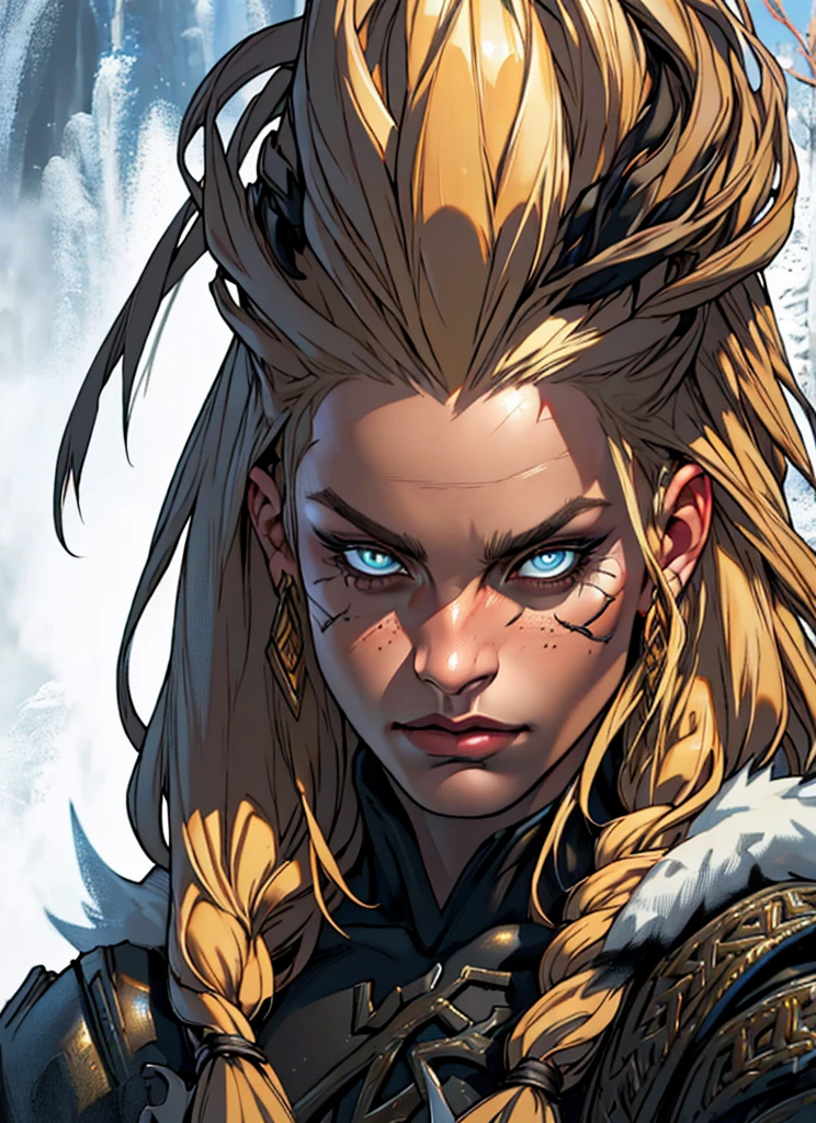 1girl, detailed portrait of a mature Norse woman, blonde long hair in braids, wearing fur clothing, dramatic eye makeup, upper body, fantasy, (best quality,4k,8k,highres,masterpiece:1.2),ultra-detailed,(realistic,photorealistic,photo-realistic:1.37),HDR,vivid colors,dramatic lighting