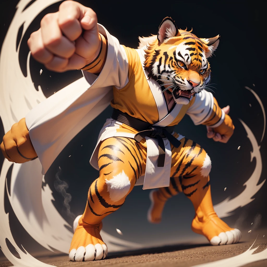 ANGRY TIGER KARATE MASCOT, FULL BODY WHITE KIMONO, crossed arms
