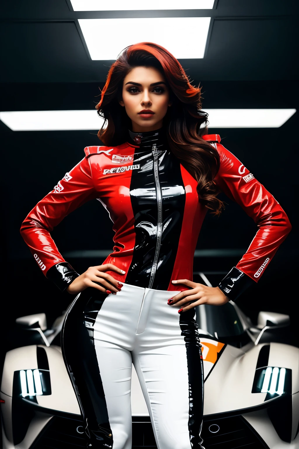 In this dynamic photograph, an Indian Instagram model captivates with her bold, fierce look. She dons a sleek, form-fitting F1 racer dress paired with matching pants in fiery reds, blacks, and whites, complete with sponsor logos. Her dazzling, voluminous hair adds glamour, contrasting with the structured outfit. Her makeup is dramatic, enhancing her intense gaze and smirking expression. Posing confidently with a hand on her hip, she exudes power. Cinematic lighting highlights her glossy outfit and flowing hair, set against a blurred, urban racing background, creating a striking fusion of fashion and motorsport.