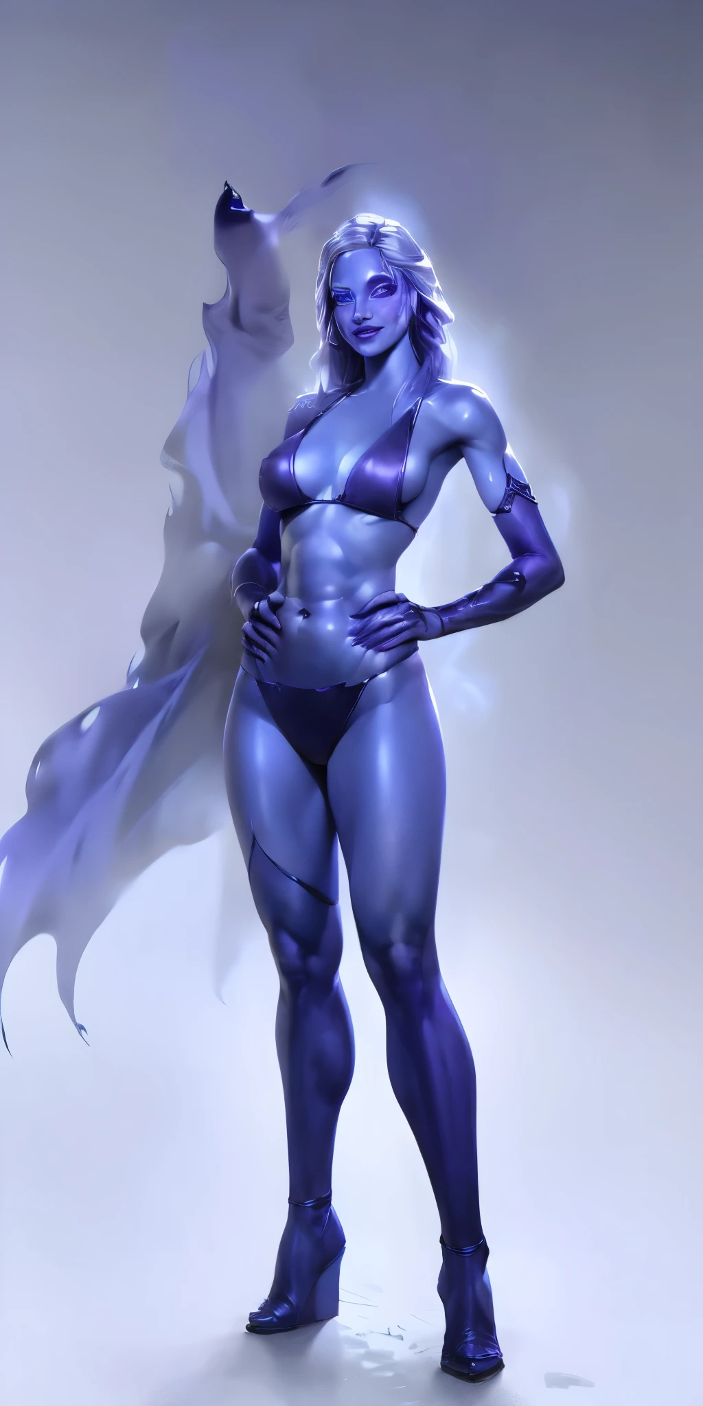 (1solofemale full body purple bikini standing straight symmetrical, hands on hips) (smile purple makeup) grayscale skin, pale hair and violet eyes. She prefer clothing of white and silver with cloaks of deep blue or purple, blue or purple background (Masterpiece, highres, 4k, very precise detailed)