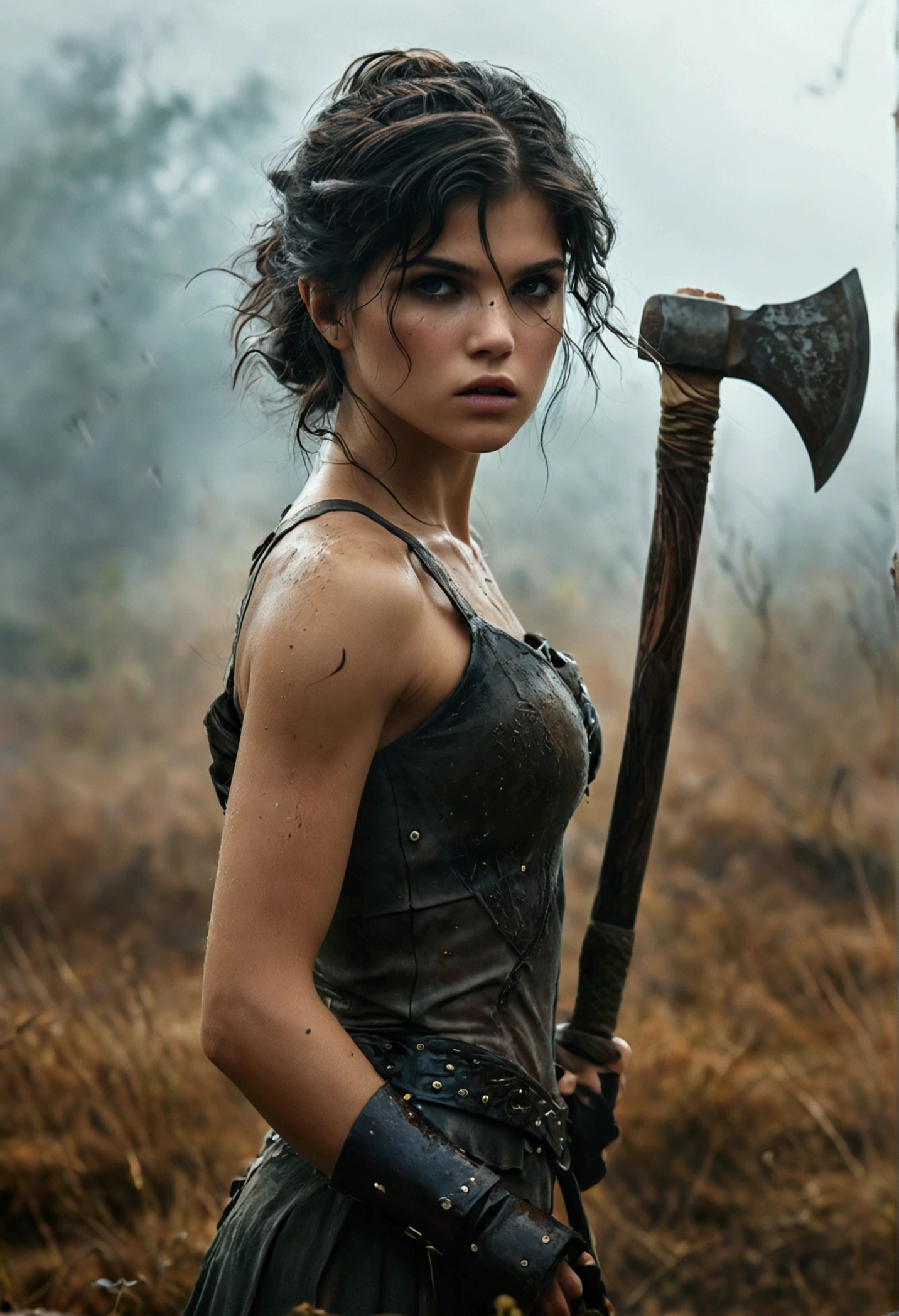 (best quality, High resolution, ​masterpiece, overhead view:1.20),ultradetailed, (Full body:1.3), standing:1.2, marie avgeropoulos, Height 162cm, Body weight 46kg, 16yo, female warrior, An axe in each hand:1.2, asymmetrical bangs, freckles, black hair, big curls, short hairs, dark eyes, posing lasciviously, gloomy ecstasy, dark atmosphere, mysterious aura, provoking Pose, strong emotions, through urgent look, intense shadow, Foggy background, Subtle color palette, rough terrain, threatening mood, A supernatural sensation,