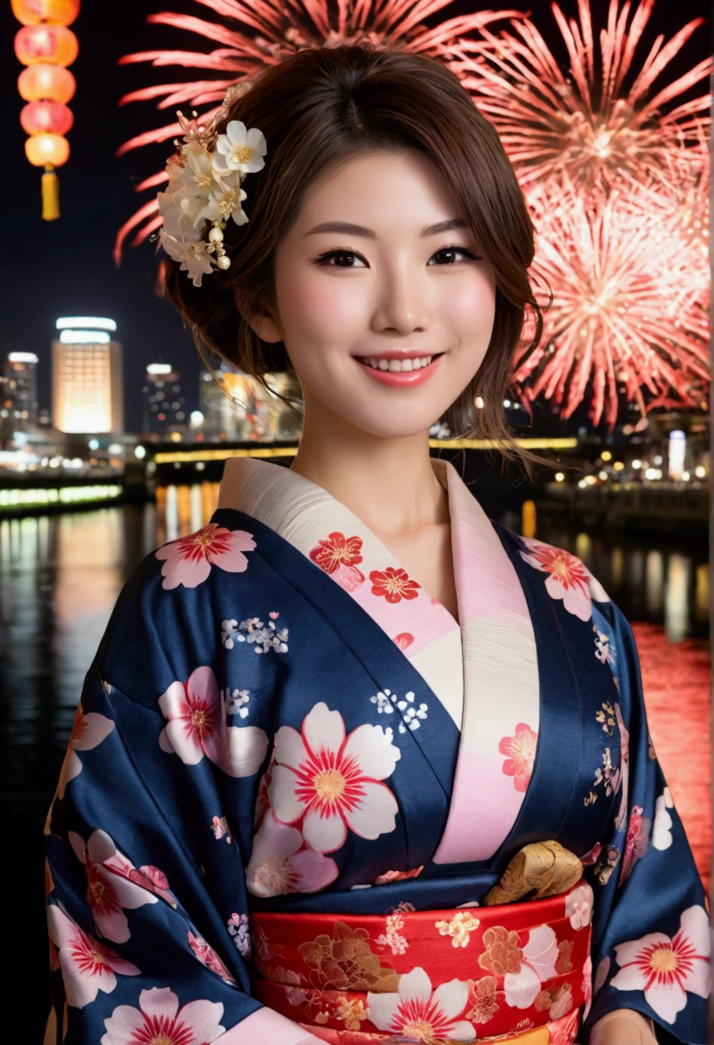 whole body, Highest quality, shape, Very detailed, In detail, High resolution, 8k wallpaper, Perfect dynamic composition, Beautiful details, Flower pattern kimono,Medium Hair, Center of chest, Natural color lip, Random sexy poses,smile,Sumida River Fireworks Festival at night，Flower Hair Ornaments，Cute Girlfriend