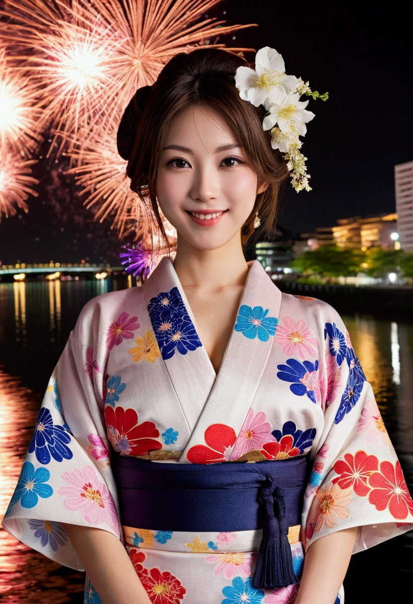 whole body, Highest quality, shape, Very detailed, In detail, High resolution, 8k wallpaper, Perfect dynamic composition, Beautiful details, Flower pattern kimono,Medium Hair, Center of chest, Natural color lip, Random sexy poses,smile,Sumida River Fireworks Festival at night，Flower Hair Ornaments，Cute Girlfriend