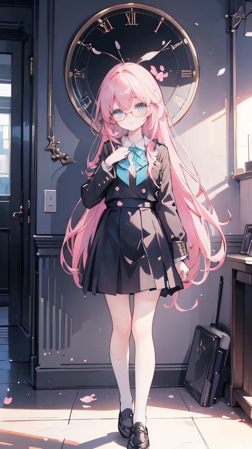 (QUALITY:0)
8k, 8k wallpaper, (an extremely delicate and beautiful:1.1), (beautiful detailed eyes:1.3), (best illustration:1.1), (best quality:1.3), (best shadow:1.1), (cinematic lighting:1.2), detailed eyes, (detailed_light:1.1), (dreamy:1.1), (extremely detailed CG unity 8k wallpaper:1.1), highres, (masterpiece:1.3), official_art, ray tracing, (stylized:1.3), trending on artstation, (ultra_detailed:1.2)
(STYLE & COMPOSITION:0)
1girl, (from_front, far, full_body:1.4), solo
(POSE & EXPRESSION:0)
blush, hands_on_chest, legs_apart, lips_apart, standing, nervous
(CHARACTER:0)
turquoise_eyes, cherry_blossom_hair, pink_hair, long_hair, knee_high_socks, school_uniform, buttoned_blazer, black_blazer, glasses, white_polo, breasts_apart, blue_accents, black_skirt, knee_length_skirt, leather_shoes, lips, long_sleeves, makeup, shiny_hair, shrug_\(clothing\), (small_breasts:1.3), very_long_hair
(BACKGROUND:0)
Clock background, huge clock, time background
(TEXTUAL INVERSION:0)