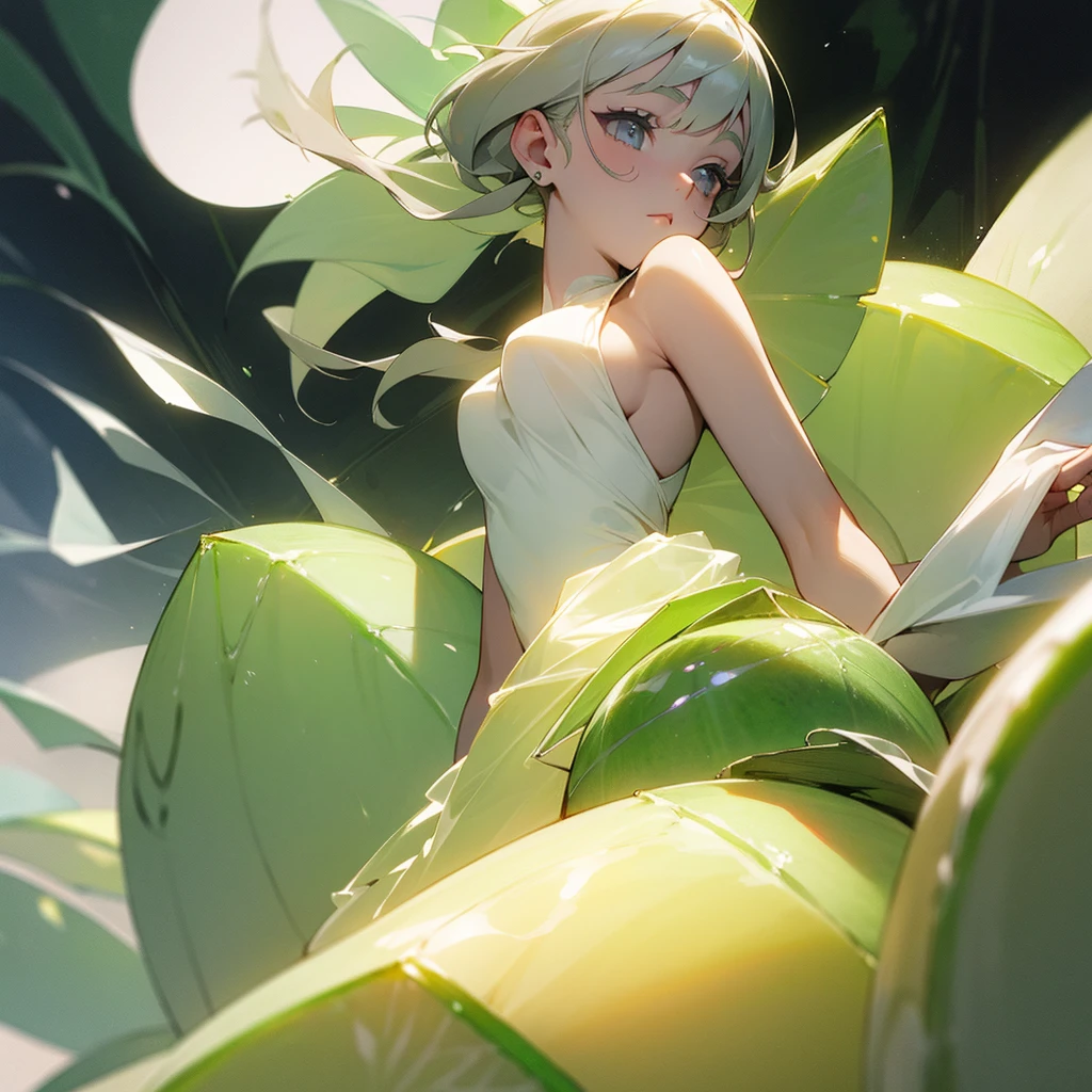 A pastel yellow woman with greenish grey eyes inspired by a honeydew melon, ethereal elegant, beautiful