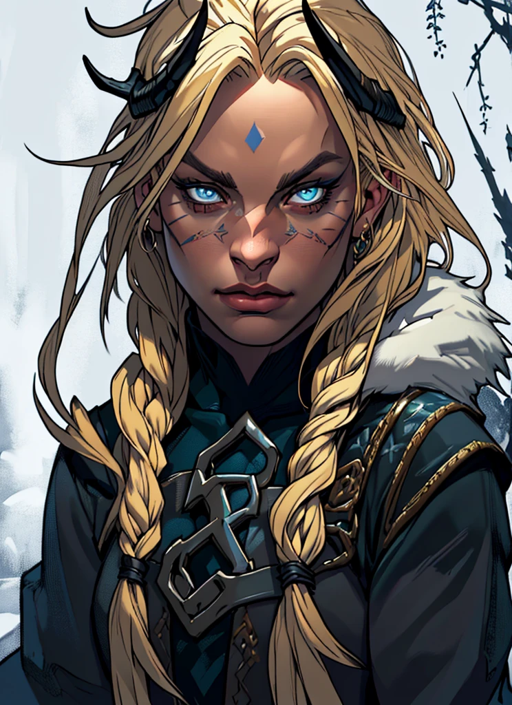 1girl, detailed portrait of a mature Norse woman, blonde long hair in braids, wearing fur clothing, dramatic eye makeup, upper body, fantasy, (best quality,4k,8k,highres,masterpiece:1.2),ultra-detailed,(realistic,photorealistic,photo-realistic:1.37),HDR,vivid colors,dramatic lighting