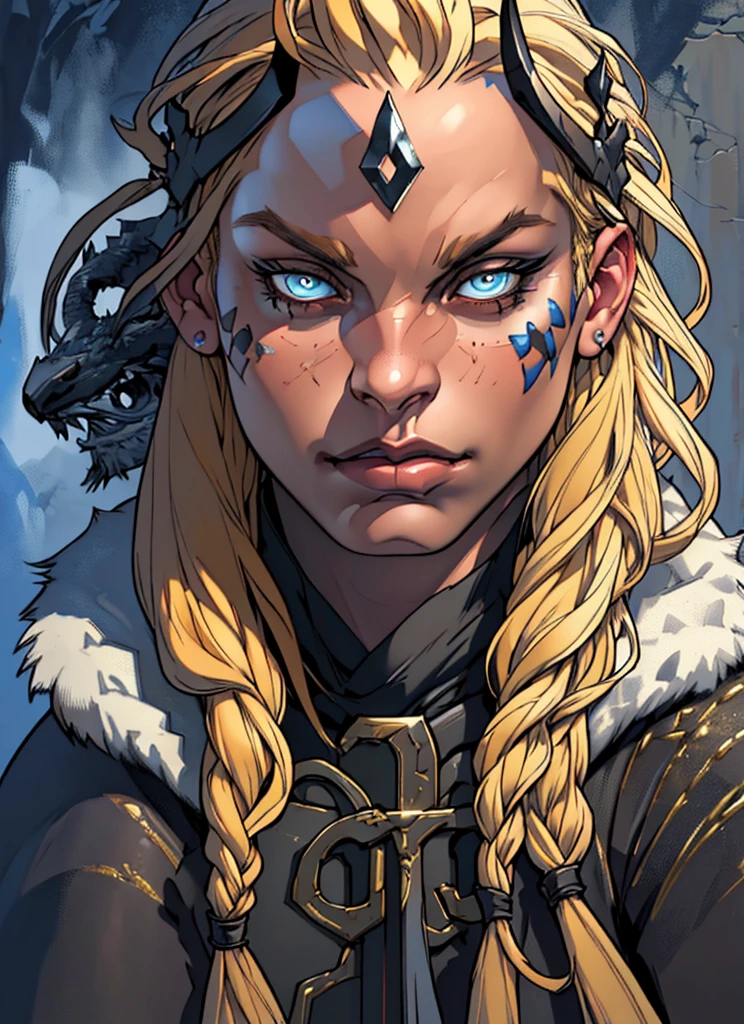 1girl, detailed portrait of a mature Norse woman, blonde long hair in braids, wearing fur clothing, dramatic eye makeup, upper body, fantasy, (best quality,4k,8k,highres,masterpiece:1.2),ultra-detailed,(realistic,photorealistic,photo-realistic:1.37),HDR,vivid colors,dramatic lighting