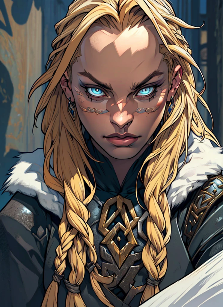 1girl, detailed portrait of a mature Norse woman, blonde long hair in braids, wearing fur clothing, dramatic eye makeup, upper body, fantasy, (best quality,4k,8k,highres,masterpiece:1.2),ultra-detailed,(realistic,photorealistic,photo-realistic:1.37),HDR,vivid colors,dramatic lighting