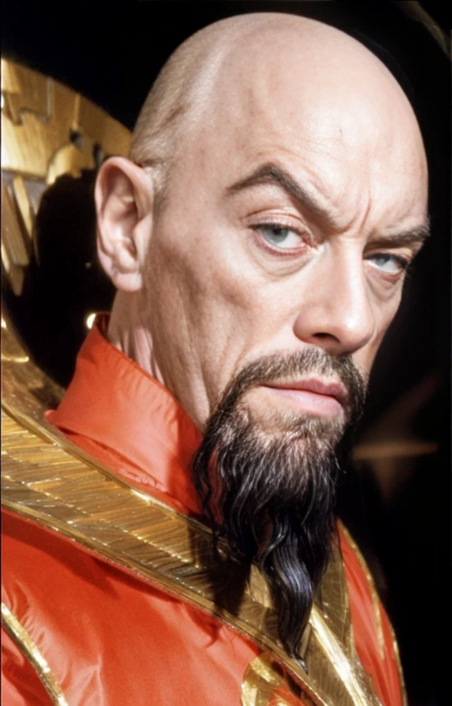 Upper body portrait "Ming the Merciless"(MaxVonSydow)looking into camera,fierce facial expression,throne room interior: maximum quality.