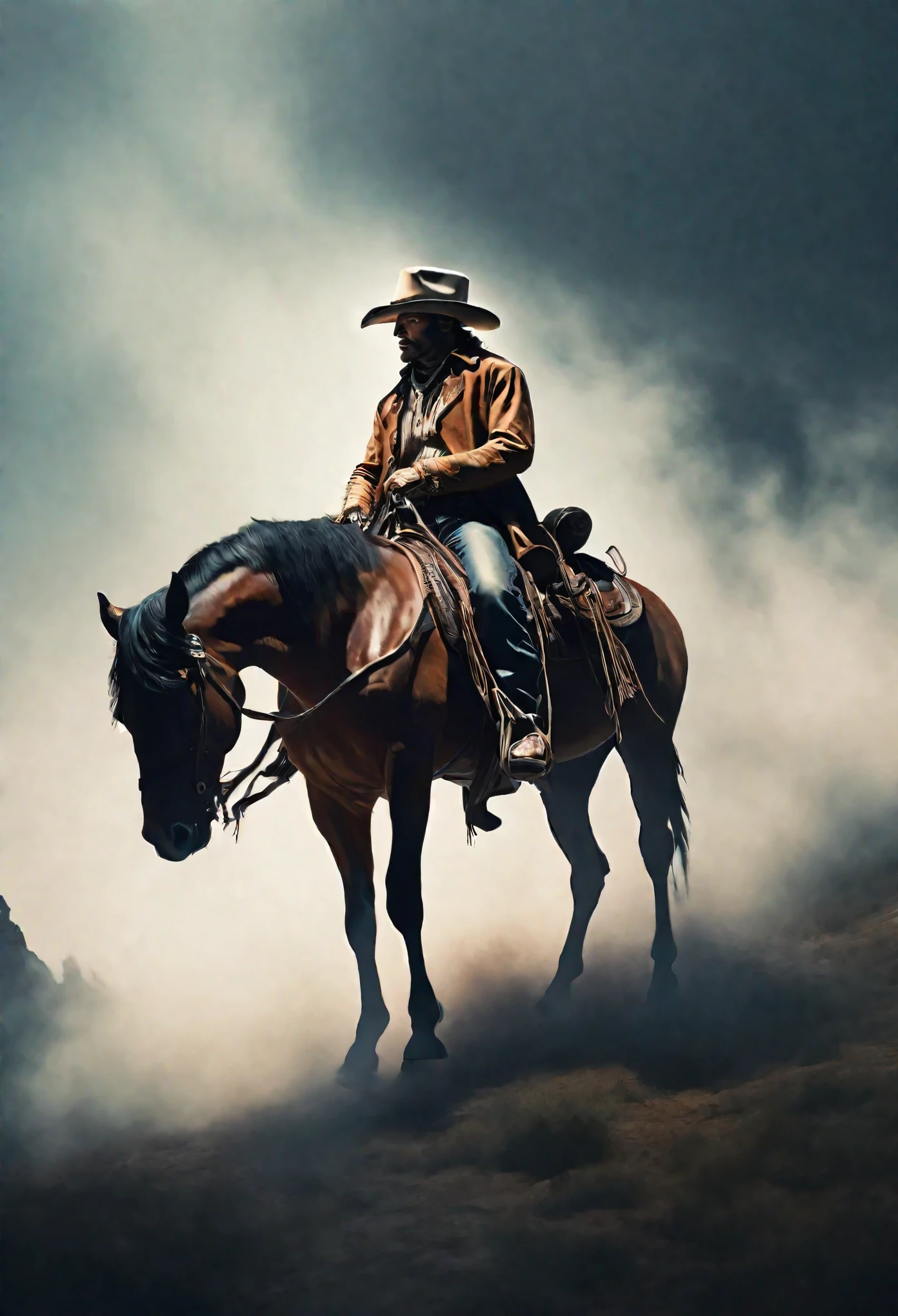 a cowboy on his horse in the wild west, wearing a hat, dramatic lighting, film composition, Digital paint, movie lighting, muted color palette, moody atmosphere, HD 8K,