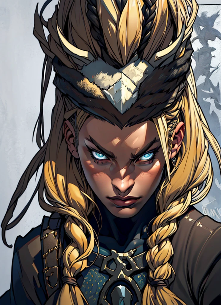 1girl, detailed portrait of a mature Norse woman, blonde long hair in braids, wearing fur clothing, dramatic eye makeup, upper body, fantasy, (best quality,4k,8k,highres,masterpiece:1.2),ultra-detailed,(realistic,photorealistic,photo-realistic:1.37),HDR,vivid colors,dramatic lighting, model sheet
