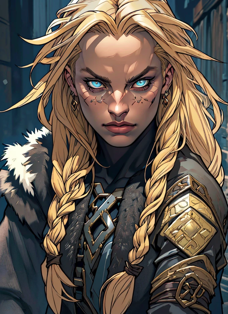 1girl, detailed portrait of a mature Norse woman, blonde long hair in braids, wearing fur clothing, dramatic eye makeup, upper body, fantasy, (best quality,4k,8k,highres,masterpiece:1.2),ultra-detailed,(realistic,photorealistic,photo-realistic:1.37),HDR,vivid colors,dramatic lighting, model sheet 