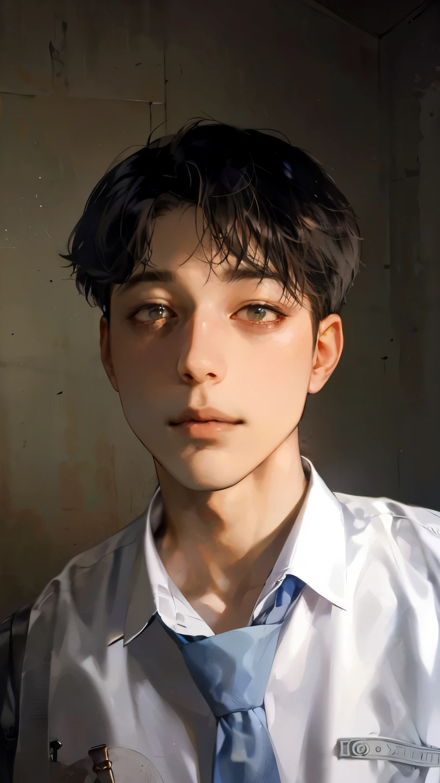 a young man poses for a close-up selfie in a dimly lit room. He has short black hair styled to frame his face and is wearing a white shirt with a collar and a grey tie. His skin has a glossy sheen, possibly from lighting, and he gazes directly at the camera with a serious expression. The background is a muted, textured wall that emphasizes his features, male ulzzang, inspired by Jang Seung-eop, boy hair, inspired by Ueda Fumito, inspired by Joong Keun Lee, inspired by Kim Jeong-hui, jungkook, bowl haircut, black short curtain haircut, inspired by Kim Myeong-guk, blcak hair, inspired by Sugimura Jihei, chin-length hair, boyish face, inspired by Kim Eung-hwan, low quality photo, inspired by Yeong-Hao Han, eboy, hair