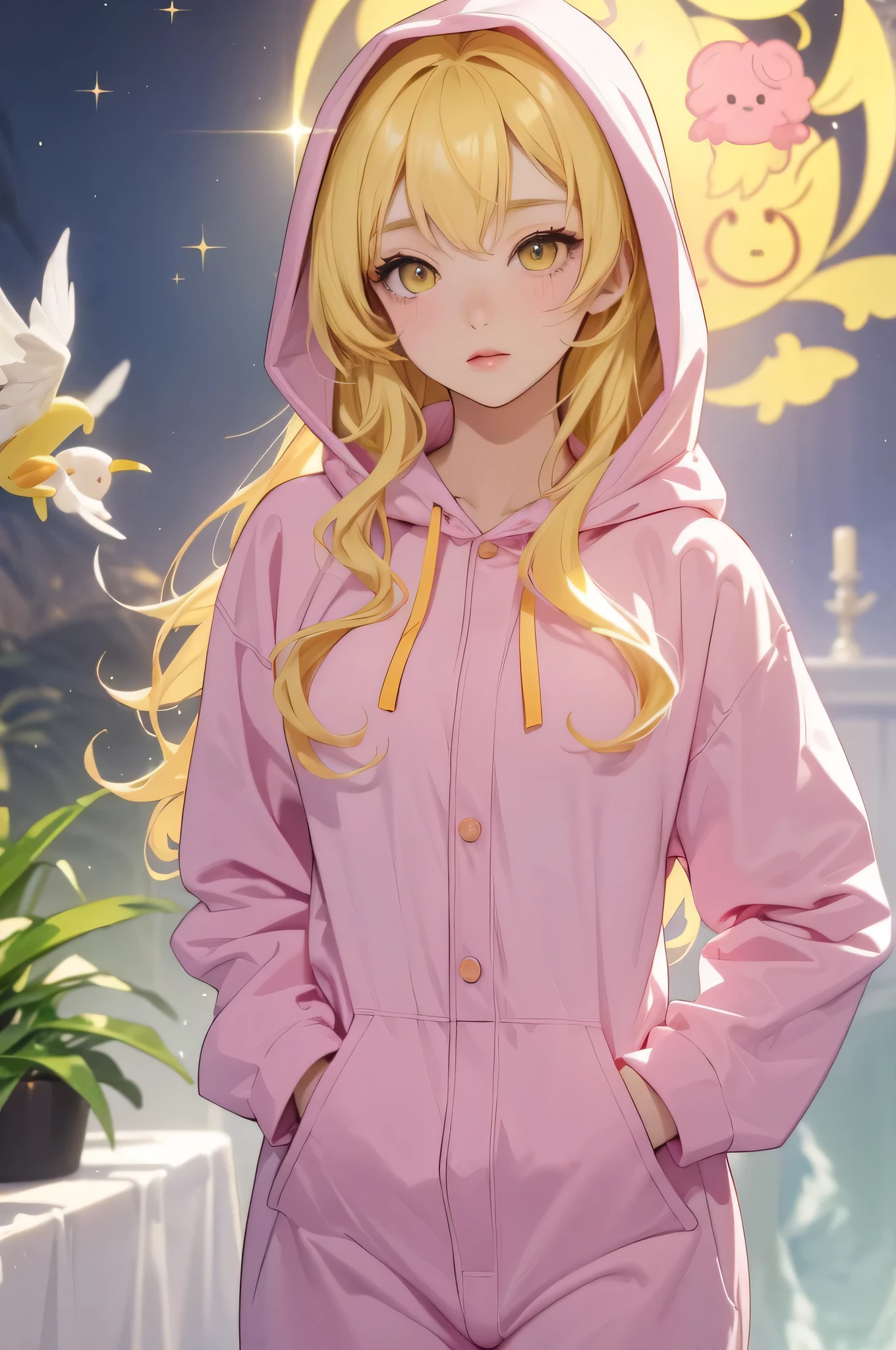 adult woman, Age 22; long hair, pretty and pink, curly hair; (yellow eyes), angelic and beautiful face with flushed cheeks, rosto ultra detaild; (( wearing cute yellow colored kigurumi pajamas with hood )); best qualityer, ultra detaild, best resolution, 4K, soft strokes, role model, work of art, closes; dimly lit room in the background, focus on the character, blurry background