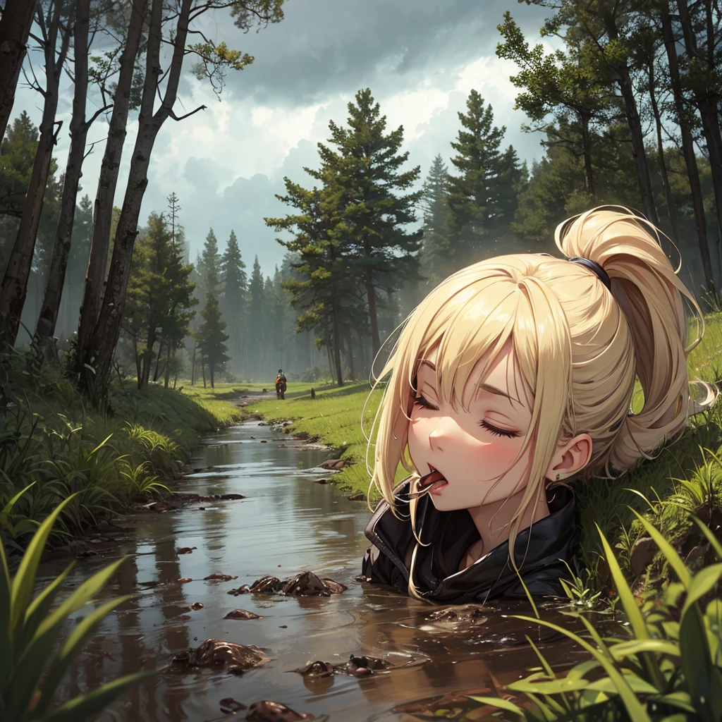 drowned in mud, bog, grass, trees, muck, orgasm, looking up, eyes closed, mouth open, stormy weather, Solo, From Side, blonde hair in ponytail