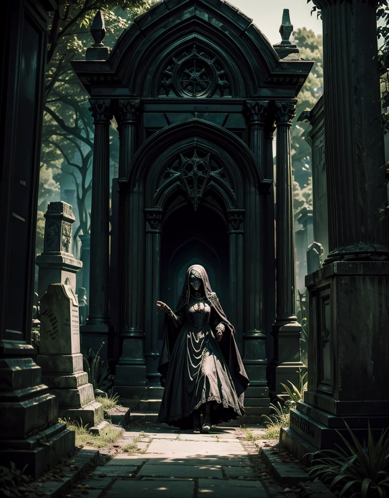 an undead woman emerges from a Gothic-style tomb, in the background a sinister cemetery landscape