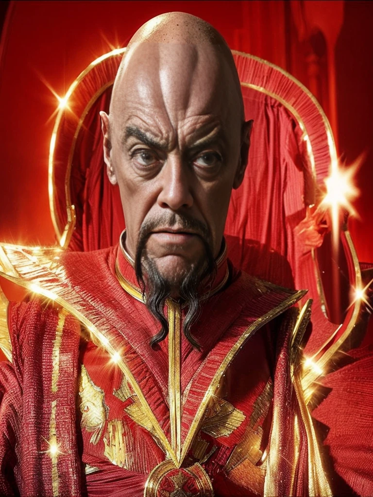 Upper body portrait "Ming the Merciless"(MaxVonSydow)looking into camera,fierce facial expression,throne room interior: maximum quality.