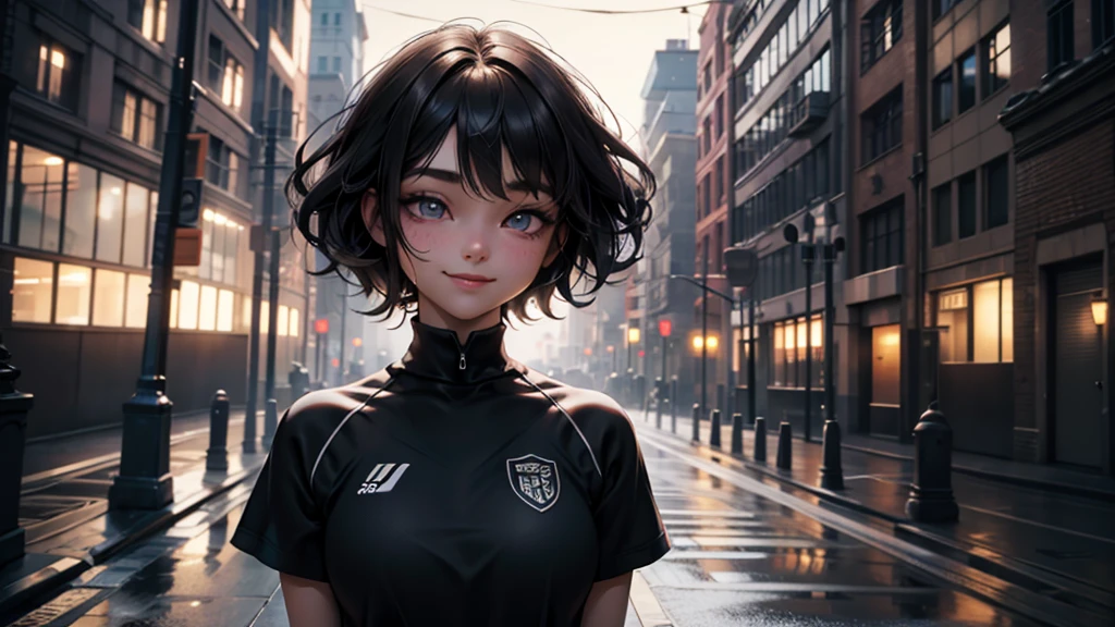 (grainy:0.5), cinematographic, Girl, americana,fancy,(Alone:1.3), detailed eyes, detailed face, detailed sport clothing , volumetric lighting, darkness, extremely detailed background, standing next to the tree, smiling, half closed eyes, tilted head, on one side, charismatic young influencer girl, 30 years old, fit body, sexual body, with short black hair, captured in a city, profesional cinematographic