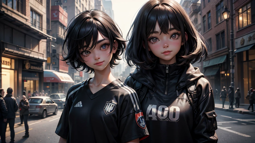 (grainy:0.5), cinematographic, Girl, americana,fancy,(Alone:1.3), detailed eyes, detailed face, detailed sport clothing , volumetric lighting, darkness, extremely detailed background, standing next to the tree, smiling, half closed eyes, tilted head, on one side, charismatic young influencer girl, 30 years old, fit body, sexual body, with short black hair, captured in a city, profesional cinematographic