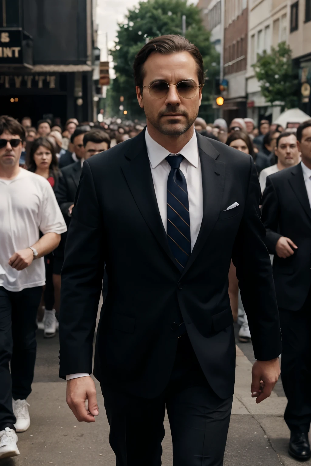 master leading a crowd behind him, LEADER, adult american man, chic