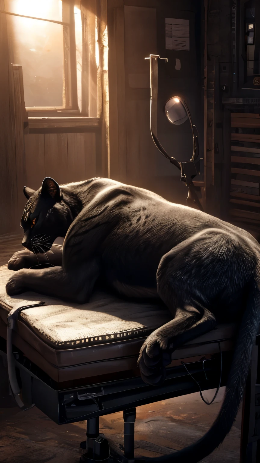 a female feral black panther, lying on her left side on an operating table, rear view, hind legs spread apart, medical devices installed around, photorealistic, hyper detailed, 8k, cinematic lighting, dramatic contrast, muted color palette, gritty, moody, realistic textures, natural environment