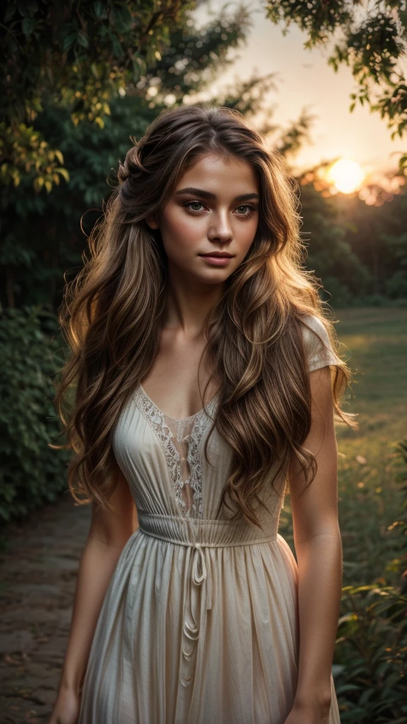 a beautiful young woman, detailed facial features, long hair, elegant dress, serene expression, natural outdoor setting, sunset, vibrant colors,  photorealistic, studio lighting, ethereal atmosphere, masterpiece