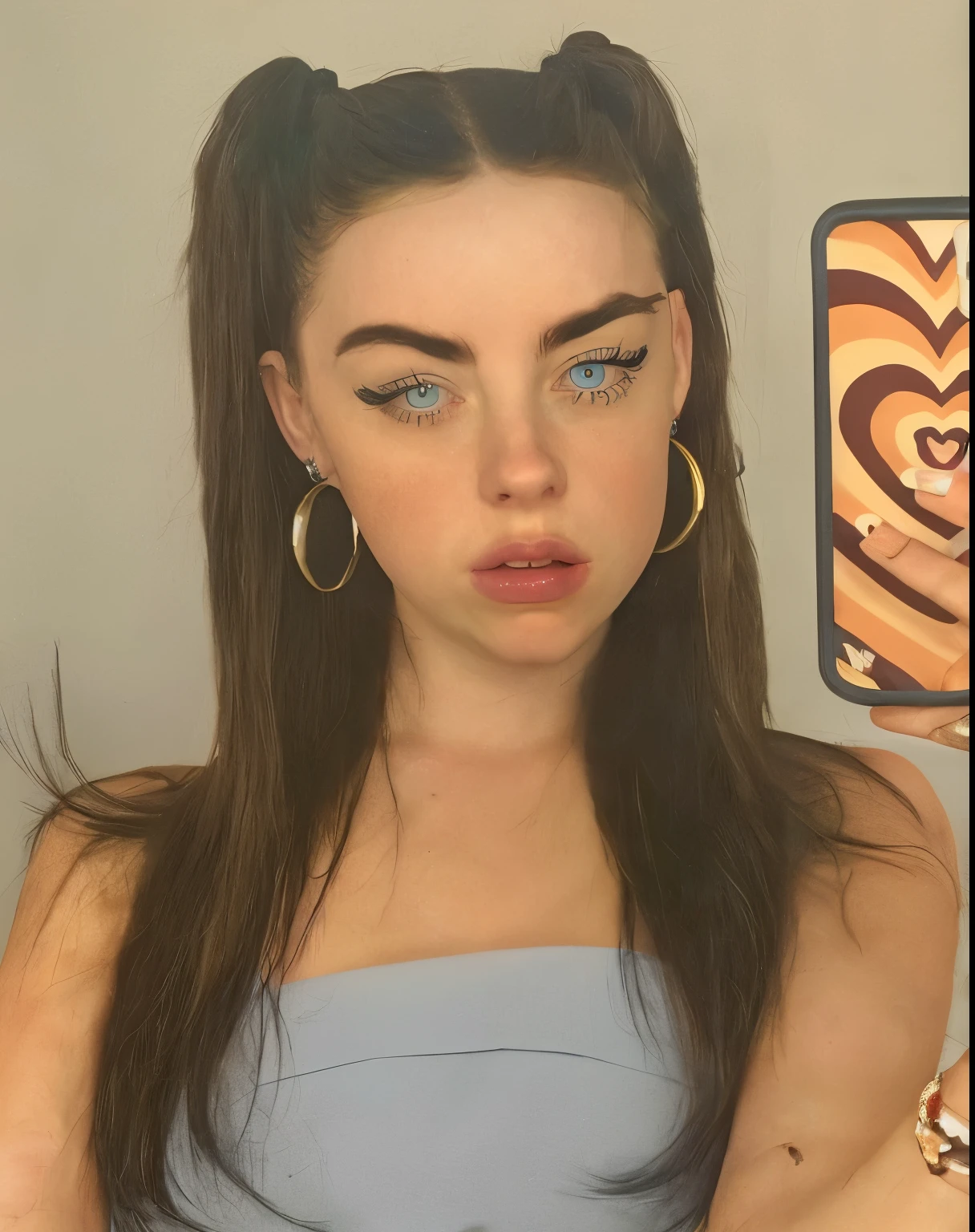 Billie Eilish, blue eyes, black hair with two pigtails, medium breasts, fleshy lips, doll lips, large eyes 