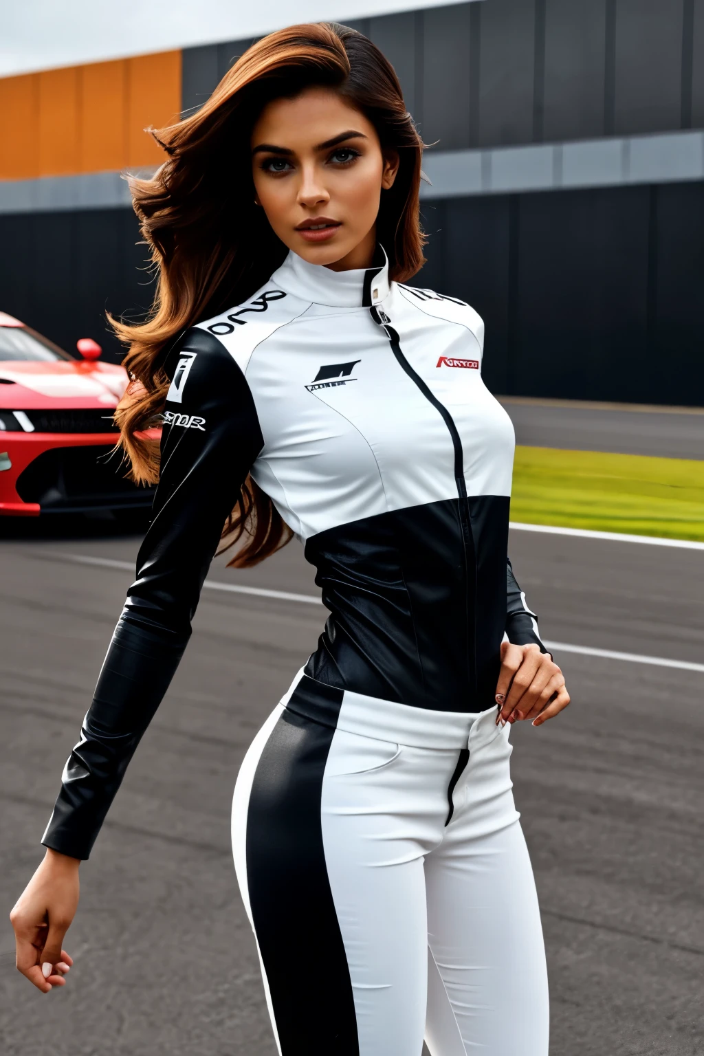 In this dynamic photograph, an Indian Instagram model captivates with her bold, fierce look. She dons a sleek, form-fitting F1 racer dress paired with matching pants in fiery cyan, blacks, and whites, complete with sponsor logos. Her dazzling, voluminous hair adds glamour, contrasting with the structured outfit. Her makeup is dramatic, enhancing her intense gaze and smirking expression. Posing confidently with a hand on her hip, she exudes power. Cinematic lighting highlights her glossy outfit and flowing hair, set against a blurred, urban racing background, creating a striking fusion of fashion and motorsport.