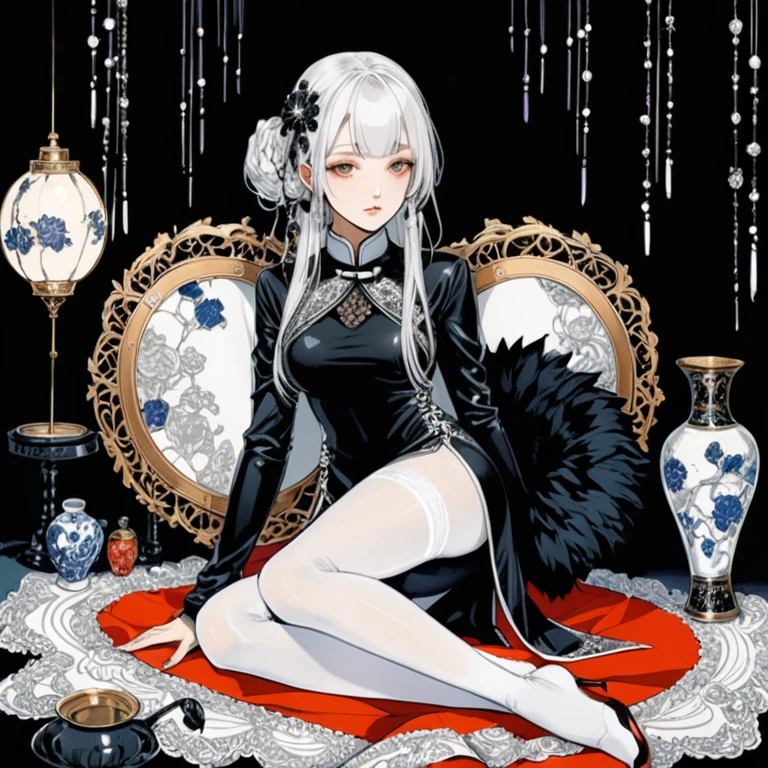 in style of Harry Clarke,in style of David Sims,
1girl,tied hair,black leather long-sleeved wraps,
BREAK
insanely detailed and intricate,hypermaximalist,elegant,ornate,hyper realistic,super detailed,
BREAK
white_background,ghostwhite over-the-knee stockings,(ghostwhite silk cheongsam collar t-line tights:1.2),