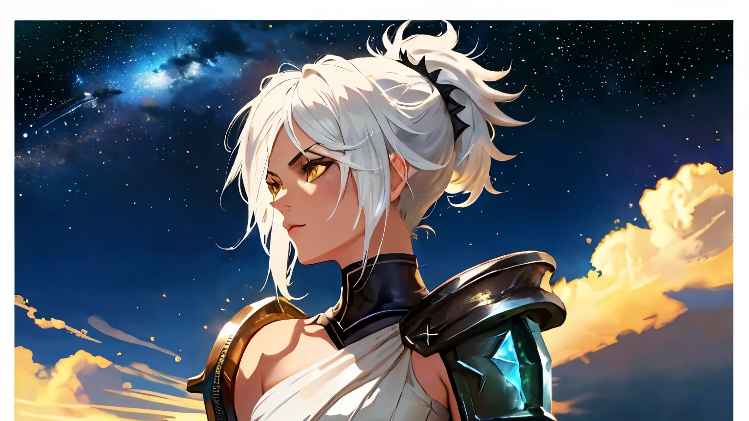 (masterpiece, best quality),  intricate details,
1girl,    riven \(league of legends\), folded ponytail, dark metal armor, dark metal helmet with crystal white hair, black eyeshadow, bare shoulders,yellow eyes, sun and shadows color background,cloud,colorful,starry,stars