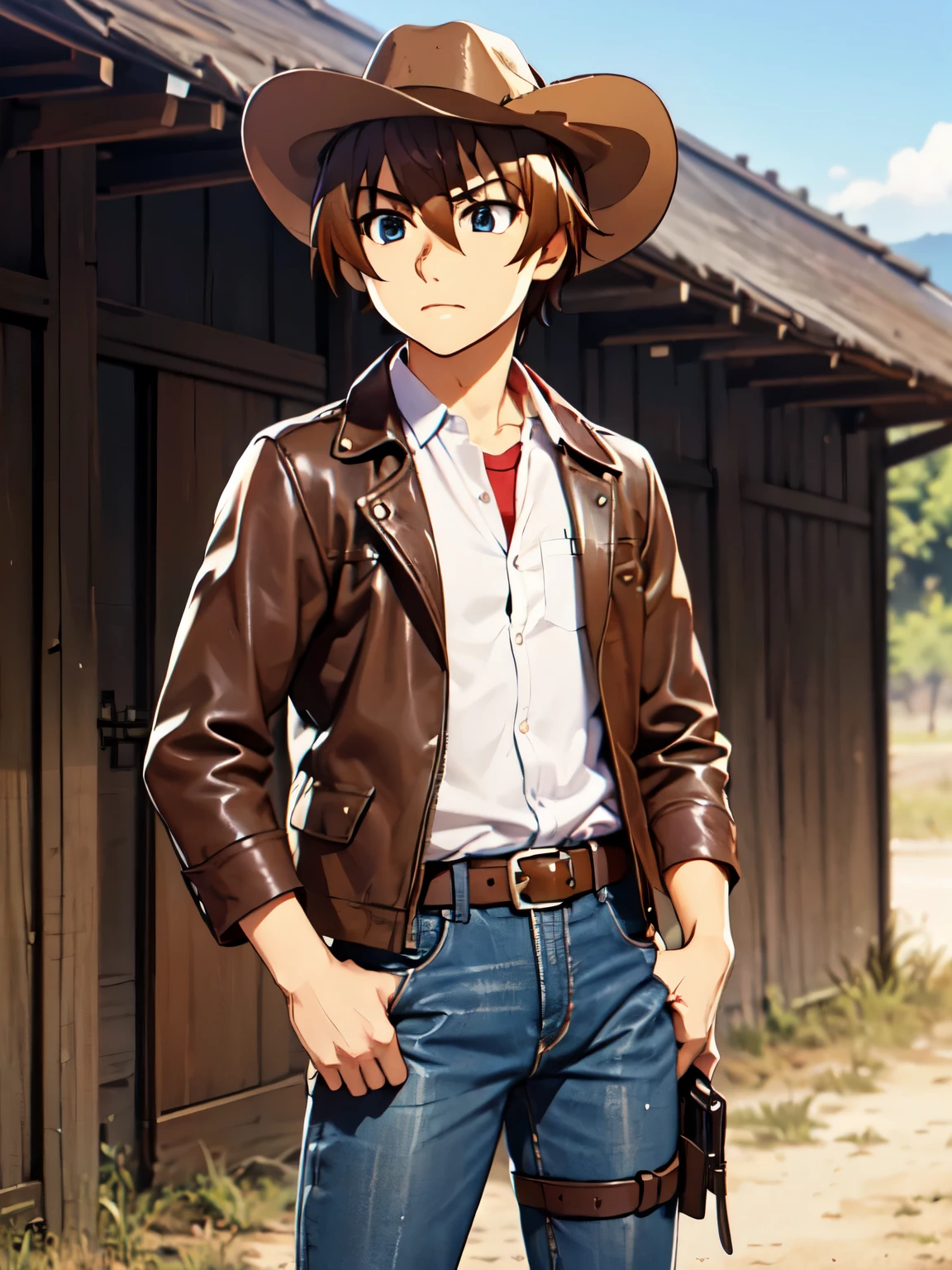 (Ultra-high resolution), (masterpiece), (Attention to detail), (high quality), (最high quality), One Man, (Keiichi_Maehara), Brown Hair, blue eyes, Western Cowboy, (Cowboy hat), leather jacket, scarf, Denim pants, boots, belt, holster, revolver, Showdown scene in the wilderness, Cowboy standing in the dust, The moment he was about to pull out his gun, Dust in the wind