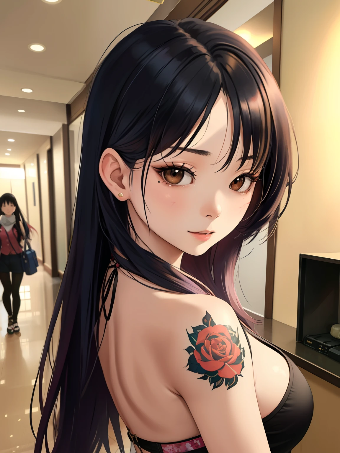 Korean gangster girl, (18 years old), in the hotel, lobby, tattoo, excited expression, (high view), (masterpiece, best quality, extremely detailed), realism,