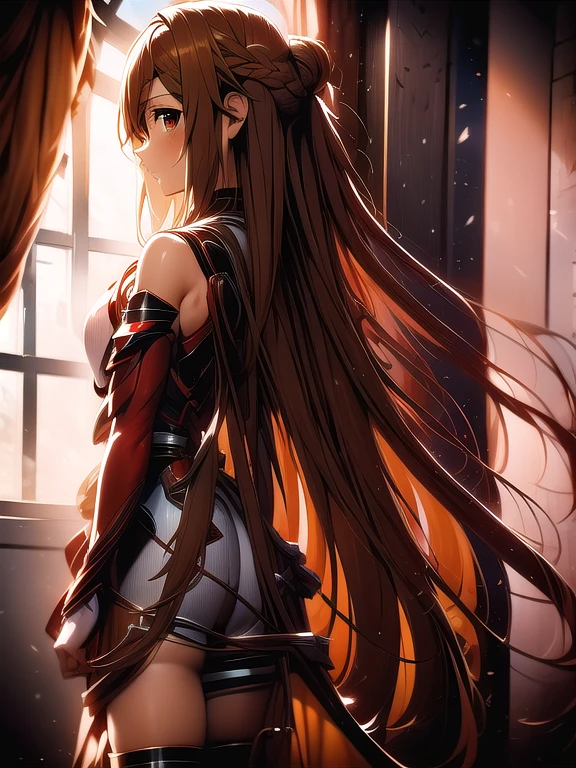 asunayuuki, asuna yuuki, long hair, brown hair, skirt, thighhighs, bare shoulders, detached sleeves, armor, white thighhighs, breastplate, bed, bedroom, looking at viewer