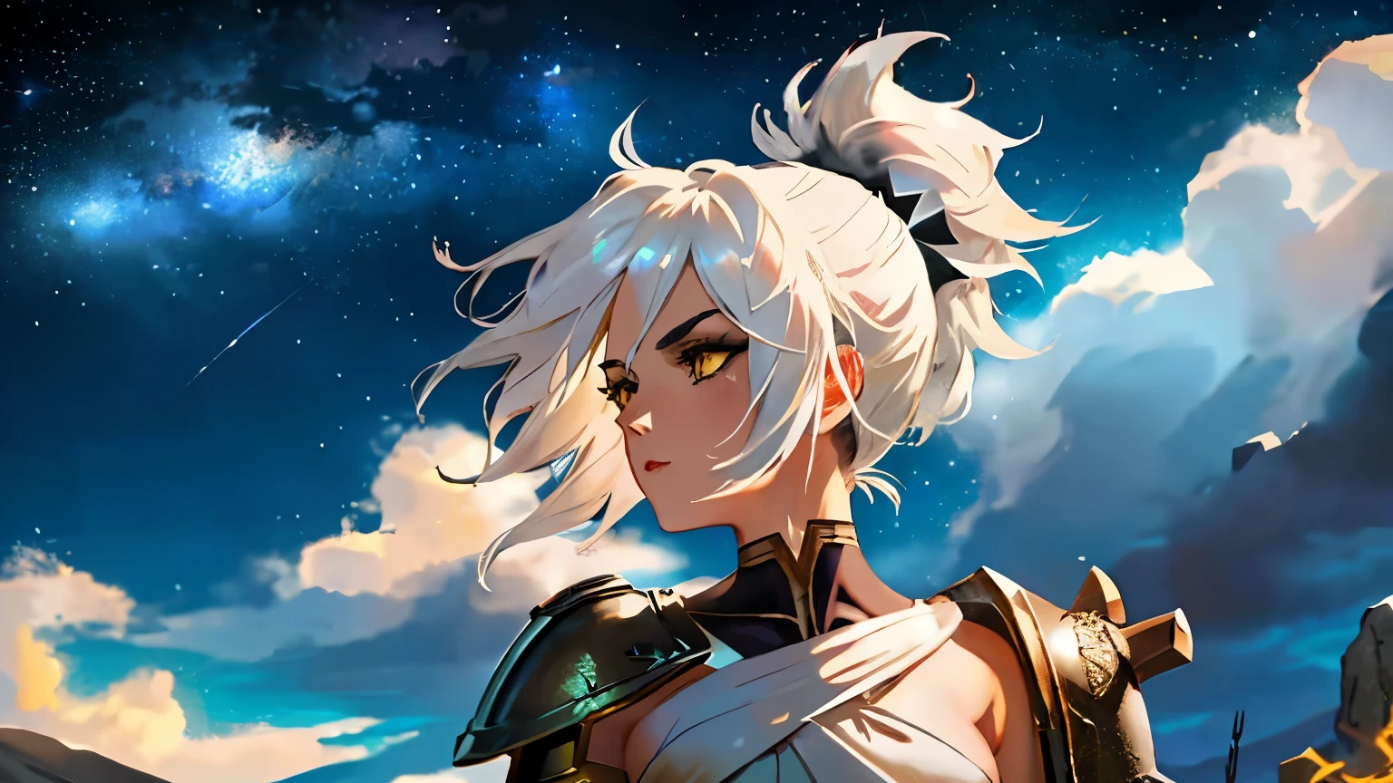 (masterpiece, best quality), intricate details,
1girl, riven \(league of legends\), folded ponytail, dark metal armor, dark metal helmet with crystal white hair, black eyeshadow, bare shoulders,yellow eyes, sun and shadows color background,cloud,colorful,starry,stars