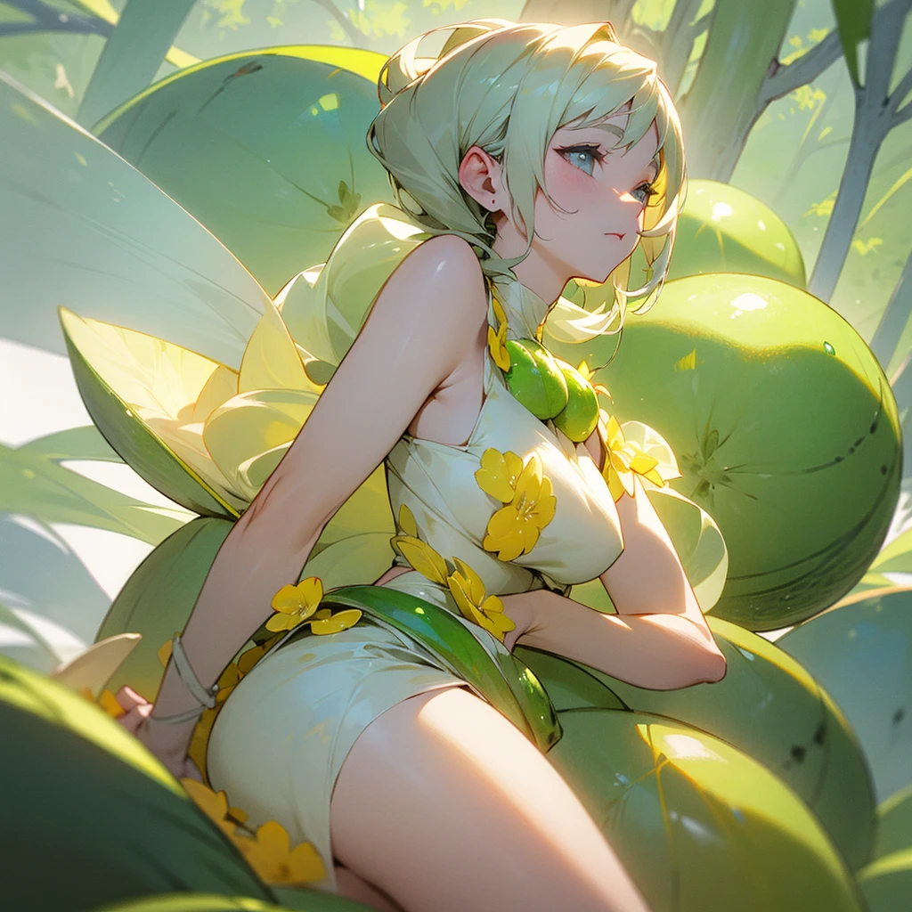 A pastel yellow woman with greenish grey eyes inspired by a honeydew melon, ethereal elegant, beautiful