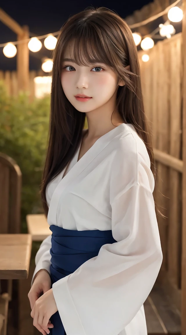 Tabletop、masterpiece、One Girl、Front view from the front、Japanese、Very young and pretty woman、(The cutest girl in the world)、17-year-old student、Makes your face smaller、Attractive person、Super cute face、Glossy Lips、Double eyelids on both eyes、 Natural Makeup、Long eyelashes、Black Hair、Asymmetrical Bangs、Center image、8k resolution、Advanced Details、Detailed hairstyle、Detailed face、Great cinema lighting、Vibrant、Ultra-realistic、Perfect limbs、Perfect Anatomy、Against the background of fireworks、Wearing a yukata with sleeves、View from the waist up、