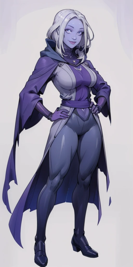 (1solofemale full body standing straight symmetrical, hands on hips) (smile purple makeup) grayscale skin, pale hair and violet eyes. She prefer clothing of white and silver with cloaks of deep blue or purple, blue or purple background (Masterpiece, highres, 4k, very precise detailed)