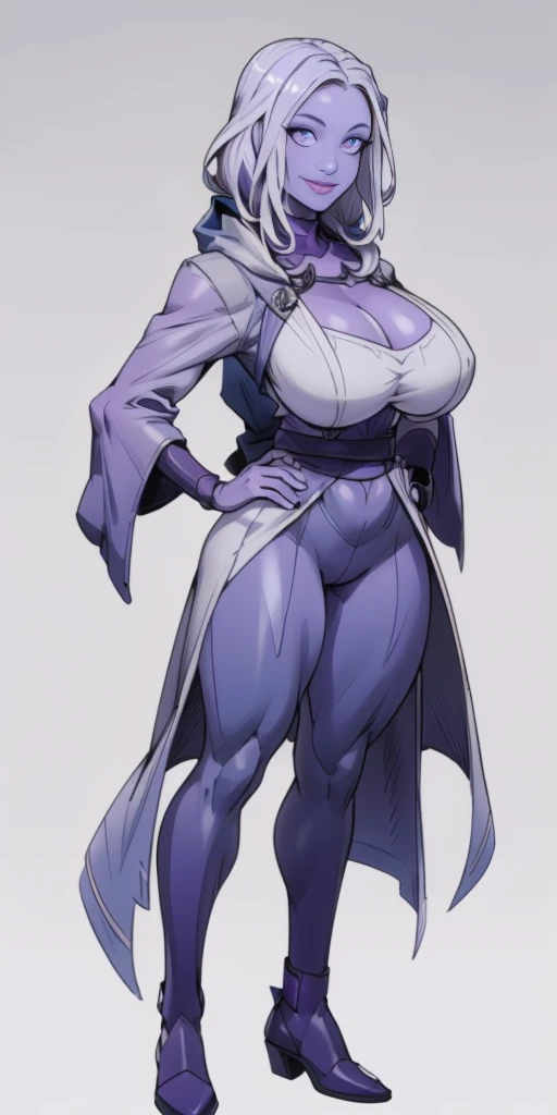 (1solofemale full body with knockers covered standing straight symmetrical, hands on hips) (smile purple makeup) grayscale skin, pale golden hair and violet eyes. She prefer clothing of white and silver with cloaks of deep blue or purple, blue or purple background (Masterpiece, highres, 4k, very precise detailed)