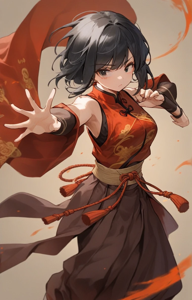 girl, human, adventurer, chinese costume, kung fu, elegant, flat chest, black hair, justice